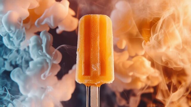 Close-up shot of a popsicle on a stick surrounded by smoke, great for summer or outdoor-themed designs