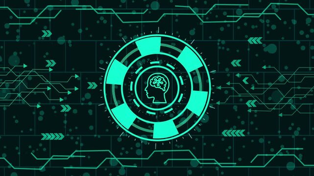 Futuristic artificial intelligence concept with a human head inside a circuit board, representing advanced technology and machine learning capabilities in blue tones