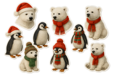 A collection of polar bears and penguins wearing red scarves and hats