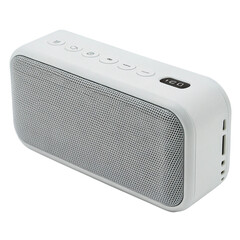 White rectangular speaker with gray mesh front, rounded corners on black