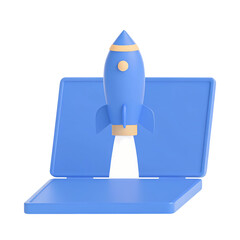 Blue rocket launching from laptop symbolizing startup growth innovation and success