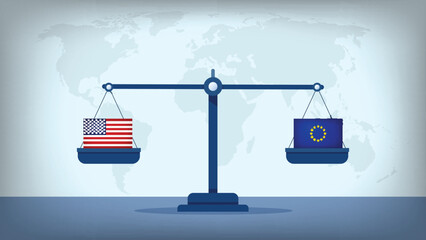 Balance Scale with EU vs USA Flags , International Relations and Global Trade Concept Vector © Model it