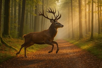 A majestic stag leaps through a sunlit forest path, bathed in golden morning mist. This AI-generated image captures the raw beauty and power of wildlife in motion.