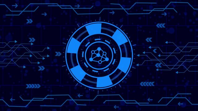 Futuristic technology interface with a network node in the center, symbolizing connectivity and data flow in a digital world with abstract circuit patterns