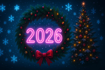 Holiday card for New Year and Christmas 2026. Neon numbers 2026 on the background of a wreath of Christmas tree branches