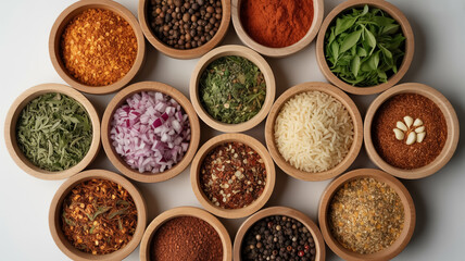 A top-down view of a wooden oval spice and condiment board with 12 individual compartments arranged in a circular pattern.