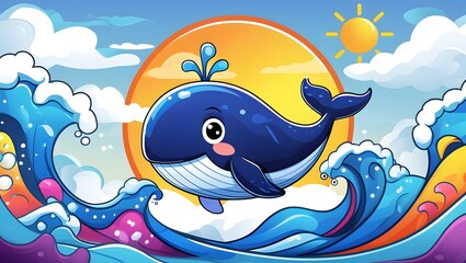 Fototapeta premium Adorable cartoon whale character with vibrant colors, stylized waves, sunny sky background,