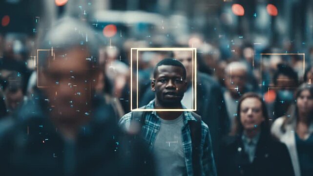 A man's face is highlighted by a digital overlay in a bustling crowd, suggesting facial recognition technology in a public space