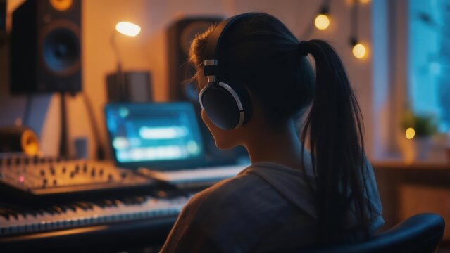 Creative Immersion: Musician Composing in a Moody, Bicolor-Lit Home Studio