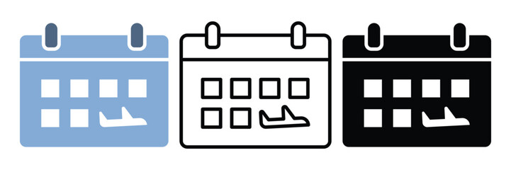 3 Styles Set Calendar with Airplane in the Middle Icon – Vacation Planning Symbol