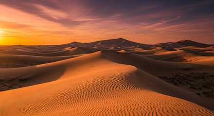 Golden Hour Desert Dunes with Majestic Mountains and Dramatic Sunset Sky
