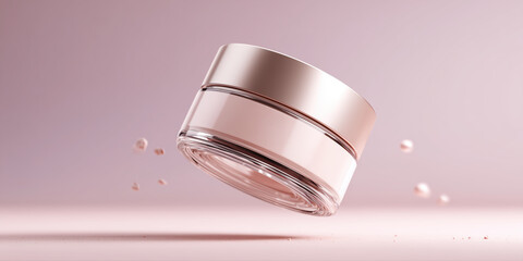 Floating rose-gold cosmetic jar with scattered powder particles on soft pink backdrop