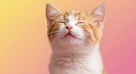 Obraz premium Adorable ginger kitten with eyes closed, experiencing pure bliss on a soft gradient background