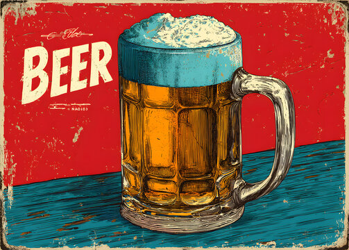 Beer vintage tin sign for cafe bar or pub decoration. Comic style retro poster design with ice cold beer mug on red background.