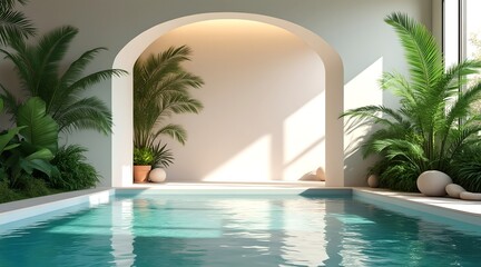A surreal 3D rendering of a pool inside a room with a large archway and tropical plants