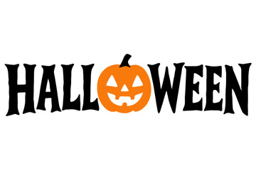 Halloween text design with orange jack o lantern pumpkin as letter O, spooky typography