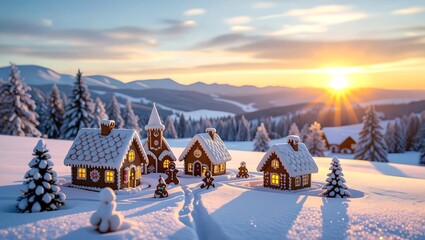 A captivating photo of a Gingerbread Village at sunset in a snowy landscape, The scene should be depicted in a realistic style