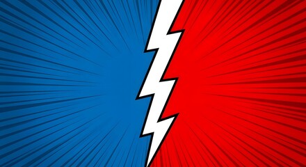 Comic Pop Art Background With Blue And Red Split Lightning Bolt.