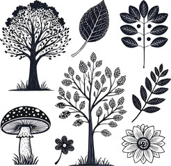 Black silhouette nature elements set, 8 unique designs in one bundle, solid black fill, realistic tree, leaf, flower, mushroom shapes, vector-friendly, isolated on white background, no text, han
