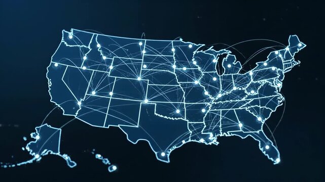 US Network Connections Map - An animated map of the United States displays glowing nodes and connecting lines, illustrating a network of connections across the country.