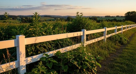 White Vinyl Fence Bordering Lush Green Field at Sunset.