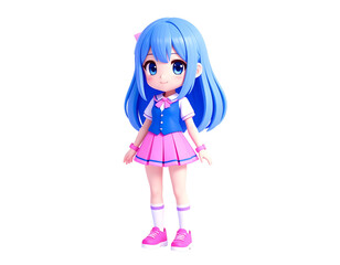 Adorable animated character of a blue-haired girl in a pink and blue school outfit, standing cheerfully.