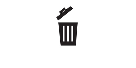 Simple black trash can icon with an open tilted lid representing deletion and disposal.