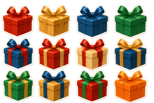 A set of colorful boxes with ribbons tied around them