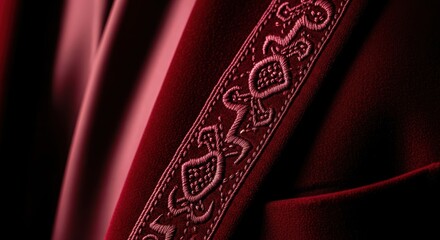 Luxurious maroon velvet fabric with intricate patterned embroidery detail