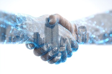 A futuristic handshake, digitally overlaid with a cityscape, symbolizes collaboration between human and AI, or perhaps a partnership between man and machine in urban development