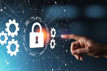 A digital security concept image with a dark blue background featuring a glowing white padlock icon in the center.