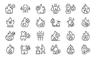 Fototapeta premium Fitness and Gym Outline Icons Set – Workout, Exercise, Dumbbell, Yoga, Running, Cycling, Treadmill, Smartwatch, Nutrition, Health, and Sports Equipment Vector Pack