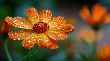 Vibrant orange flower adorned with morning dew in a lush garden setting on a sunny spring day