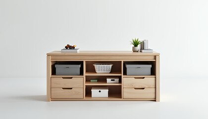 Fototapeta premium A light wood storage unit with drawers and shelves containing gray boxes, a white basket, and decor items on top, against a plain white background.