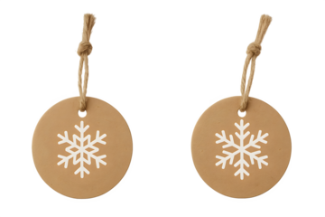 Two snowflake tags hanging from a rope