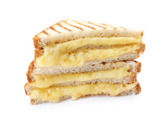 Tasty sandwiches with melted cheese isolated on white