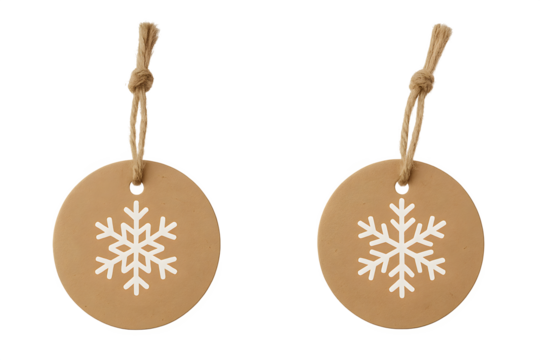 Two snowflake tags hanging from a rope
