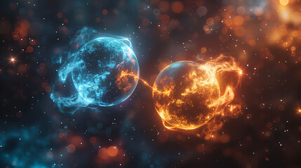 Obraz premium Collision of blue and orange energy spheres in space