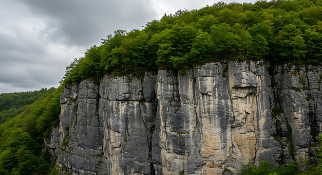 Majestic sheer cliff face with lush green forest canopy under a dramatic cloudy sky