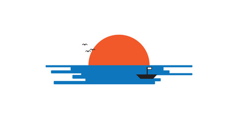 Minimalist flat illustration of a vibrant orange sunset over a blue sea with a boat and birds.