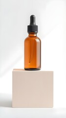 Brown essential oil dropper bottle for health and beauty care, isolated on a white background