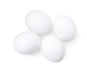 Raw chicken eggs isolated on white, top view