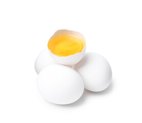 Whole and broken chicken eggs isolated on white