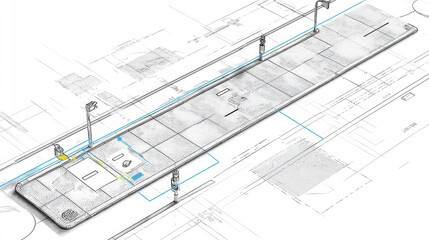 Blueprint of solar-powered bike lane light strip with energy module, sensors, and embedded LEDs. White background.