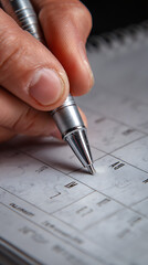 Close-up of a hand using a silver pen to mark a date on a paper calendar or planner marking circling