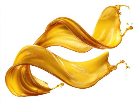 A dynamic, swirling ribbon of viscous, golden liquid, captured mid-flow against a stark white backdrop, exhibiting glistening highlights and fine droplets