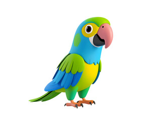 A vibrant and cheerful rendered cartoon parrot with colorful feathers stands playfully.