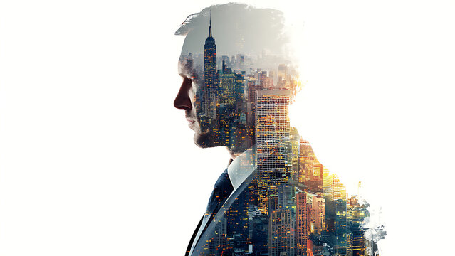 Businessman's Profile with Cityscape Double Exposure, Symbolizing Urban Ambition and Vision