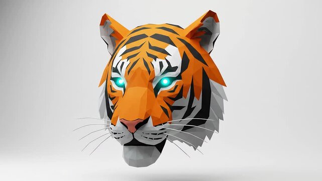 Striking low poly tiger head with glowing eyes on white backdrop in motion art video presentation - Powered by Adobe