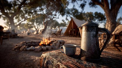 Obraz premium A campfire and coffee pot at a campsite under trees.